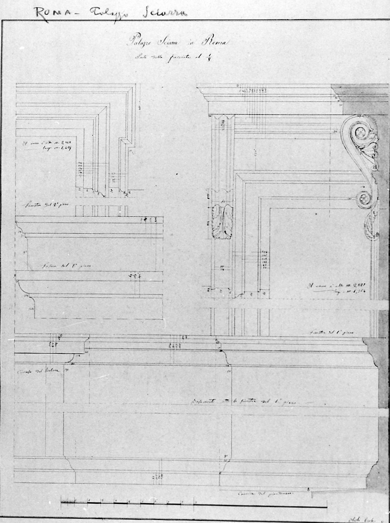 Palazzo Sciarra in Roma: parti della facciata al primo ottavo, particolari architettonici della facciata di Palazzo Sciarra a Roma (disegno, opera isolata) di Olioli Carlo (metà sec. XIX)