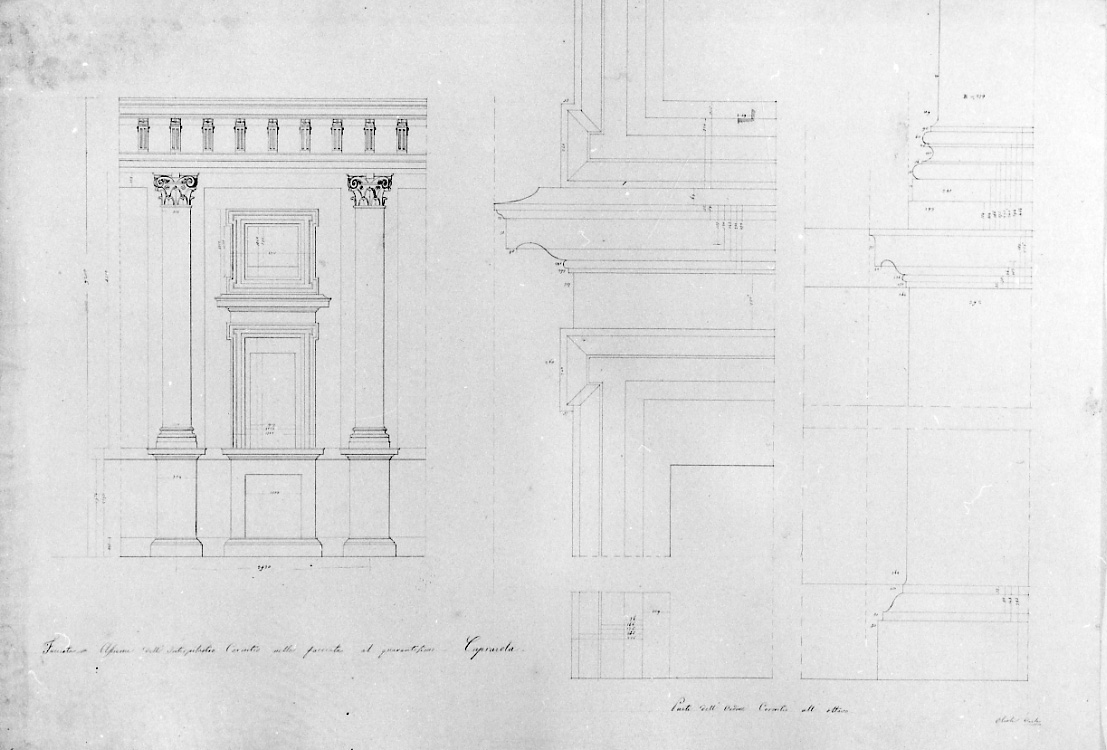 Caprarola: Palazzo Farnese. Facciata assieme dell'interpilastro corinto al quarantesimo. Particolare dell'ordine corinto all'ottavo, particolari architettonici della facciata di Palazzo Farnese a Caprarola (disegno, opera isolata) di Olioli Carlo (metà sec. XIX)