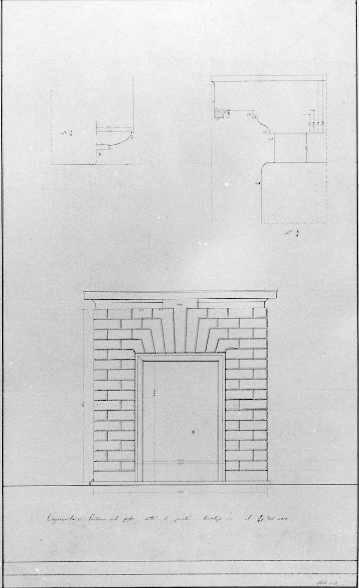 Caprarola: Palazzo Farnese. Portone nel fosso sotto il ponte levatoio al primo quarantesimo del vero, prospetto ed elementi architettonici di un portone di Palazzo Farnese a Caprarola (disegno, opera isolata) di Olioli Carlo (metà sec. XIX)