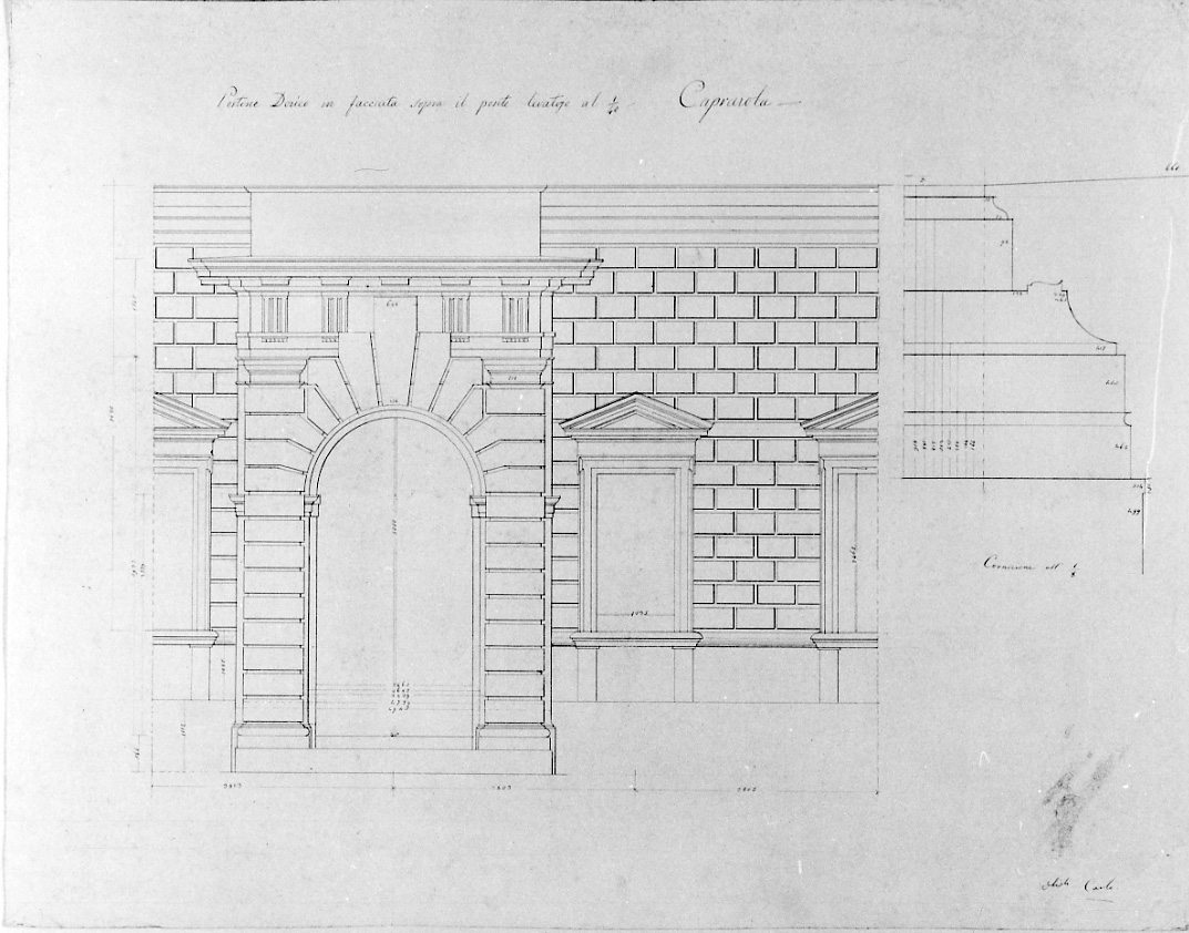 Caprarola: portone dorico in facciata sopra il ponte levatoio al primo quarantesimo, prospetto ed elementi architettonici di un portone di Palazzo Farnese a Caprarola (disegno, opera isolata) di Olioli Carlo (metà sec. XIX)