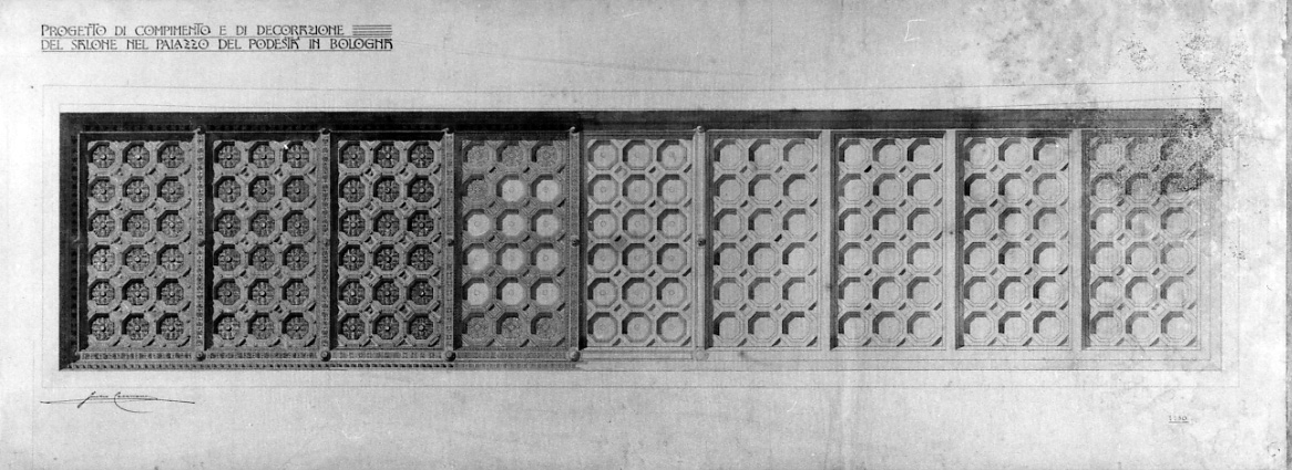 Progetto di compimento e di decorazione del salone nel Palazzo del Podestà in Bologna, motivi decorativi a cassettoni (disegno, opera isolata) di Casanova Giulio (primo quarto sec. XX)