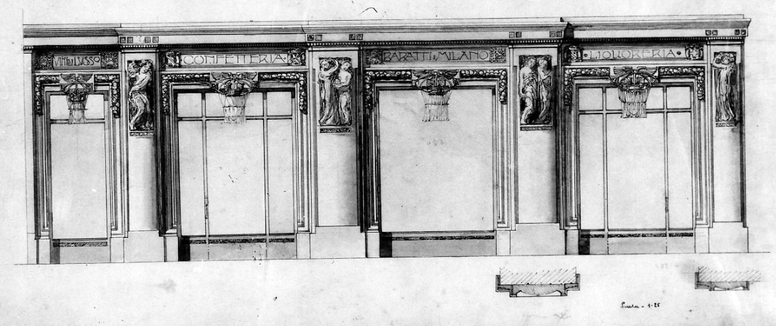 progetto della facciata della Confetteria Baratti e Milano a Torino (disegno, opera isolata) di Casanova Giulio (primo quarto sec. XX)