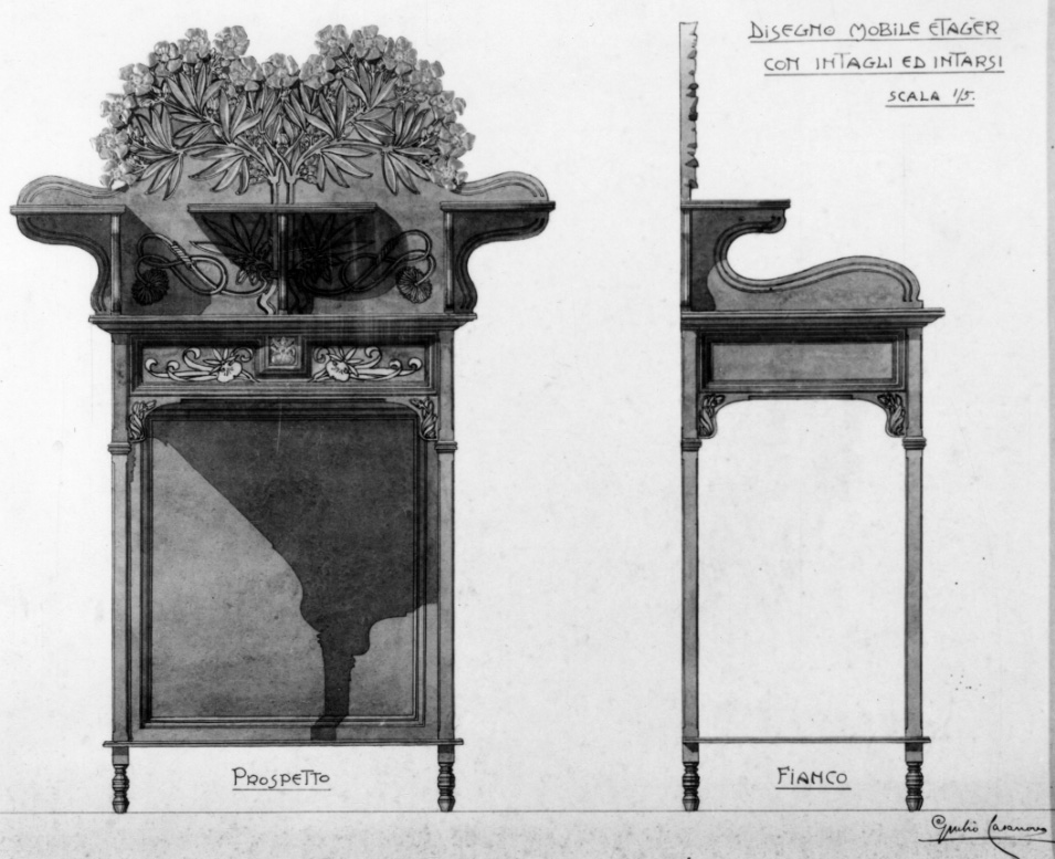 Disegno mobile etager con intagli ed intarsi, progetto di mobile (disegno, opera isolata) di Casanova Giulio (primo quarto sec. XX)