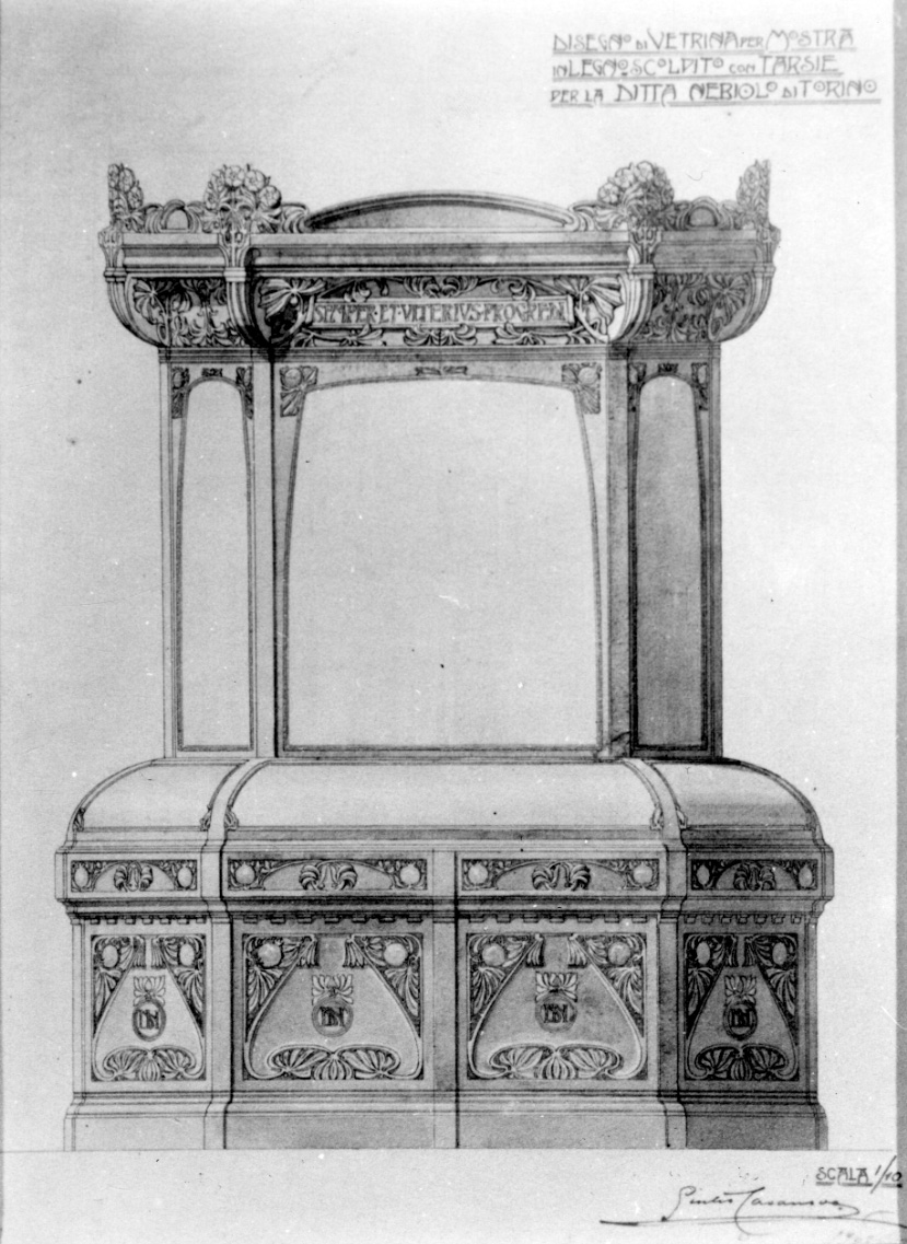Disegno di vetrina per mostra in legno scolpito con tarsie per la ditta nebiolo di Torino, progetto di vetrina (disegno, opera isolata) di Casanova Giulio (inizio sec. XX)