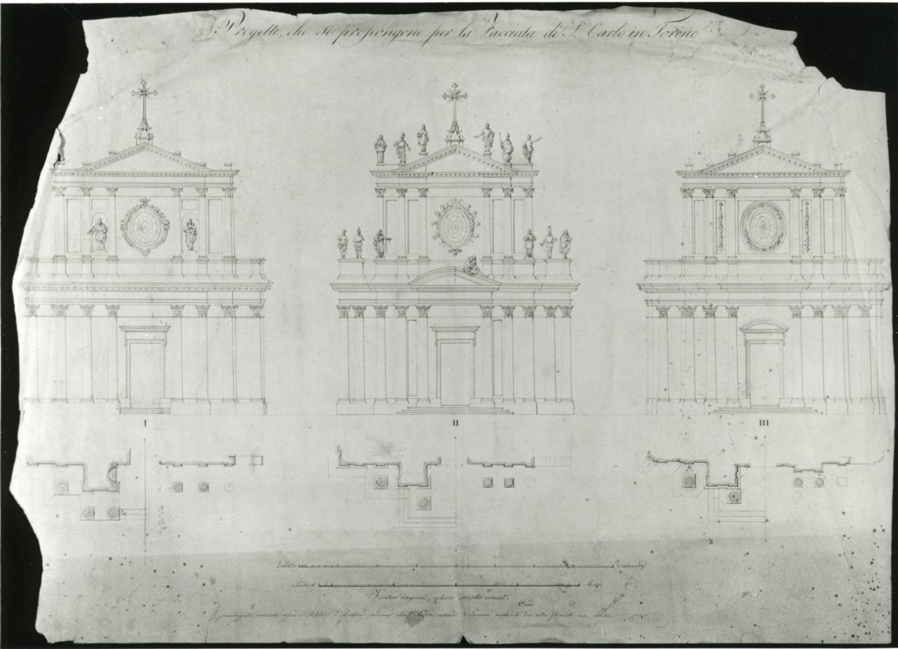 Progetti, che si propongono per la facciata di S. Carlo in Torino, tre progetti per la facciata della chiesa di San Carlo a Torino (disegno, opera isolata) di Gatti Carlo (secondo quarto sec. XIX)