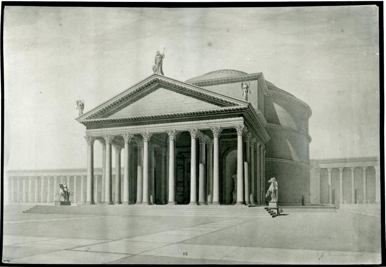 studio di edificio a pianta centrale con pronao (disegno, opera isolata) di Roscio Domenico (sec. XIX)