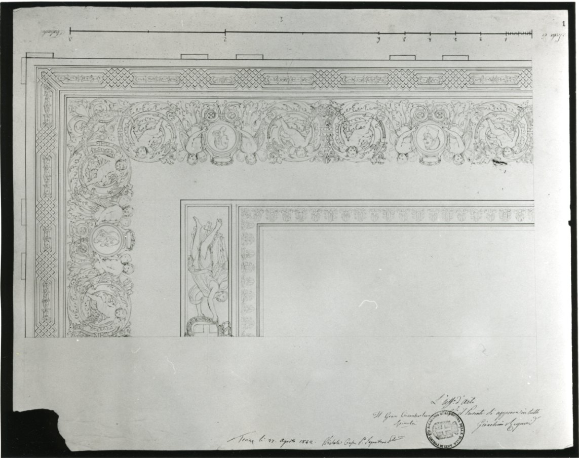 motivi decorativi a girali vegetali con figure reggimedaglioni (disegno, opera isolata) di Cusa Michele (sec. XIX)