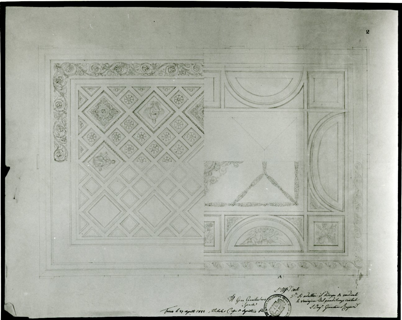 progetto di soffitto con diversi motivi decorativi (disegno, opera isolata) di Cusa Michele (sec. XIX)