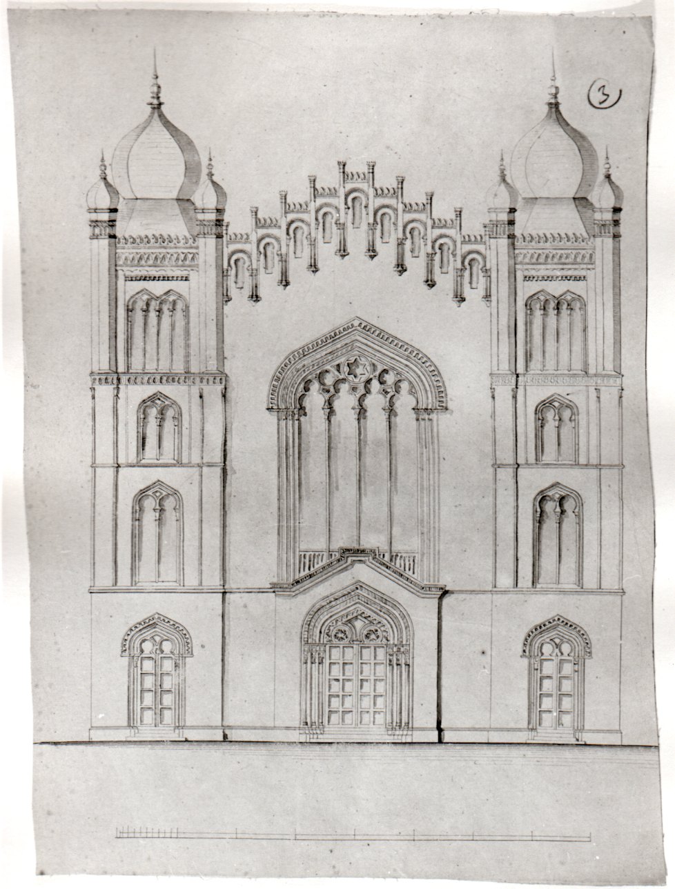 progetto della facciata del Tempio Israelitico di Torino (disegno, opera isolata) di Petiti Enrico (attribuito) (ultimo quarto sec. XIX)