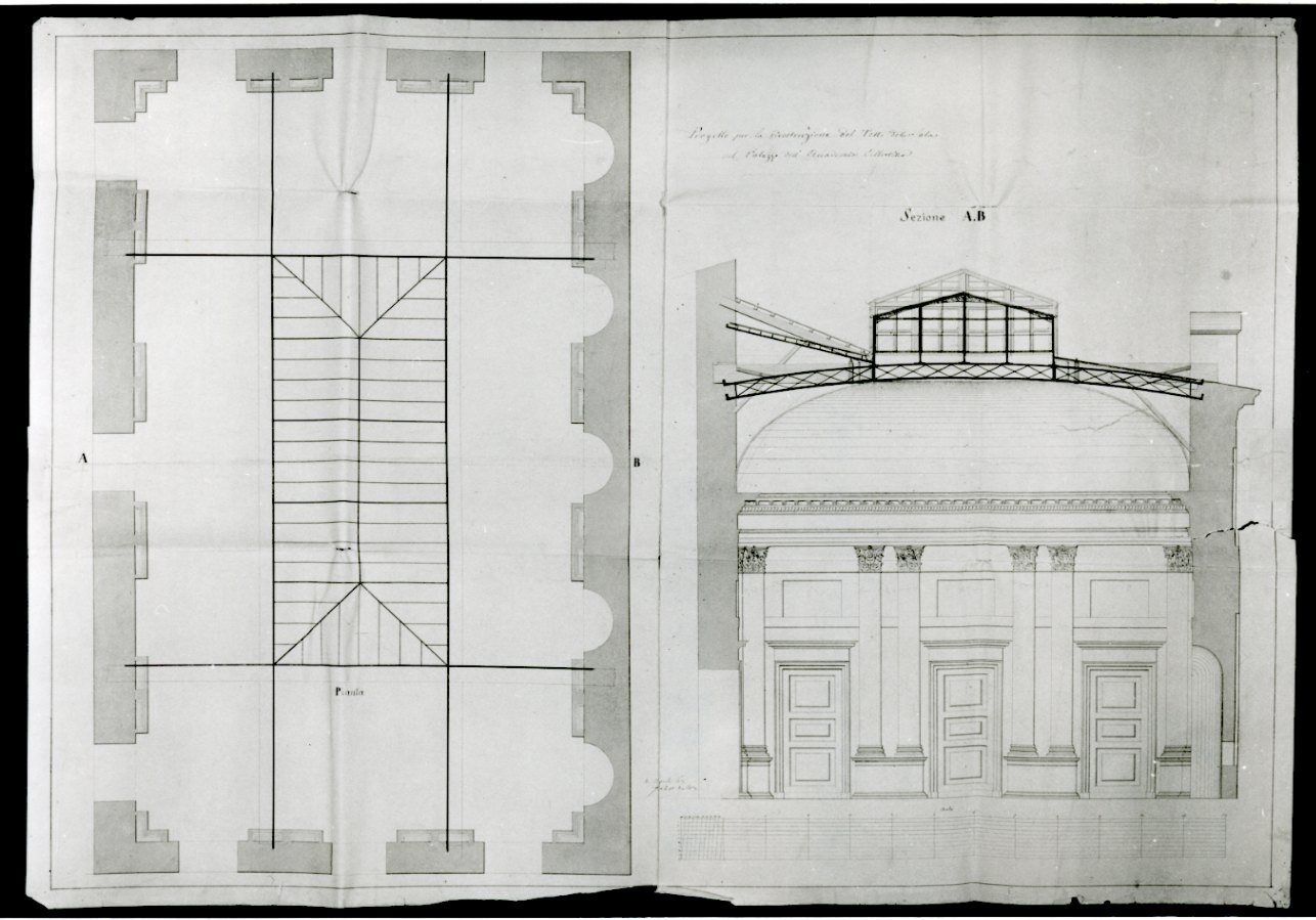 progetto di pianta e sezione del tetto della Accademia Albertina di Belle Arti di Torino (disegno, opera isolata) di Gabetti Carlo (sec. XIX)
