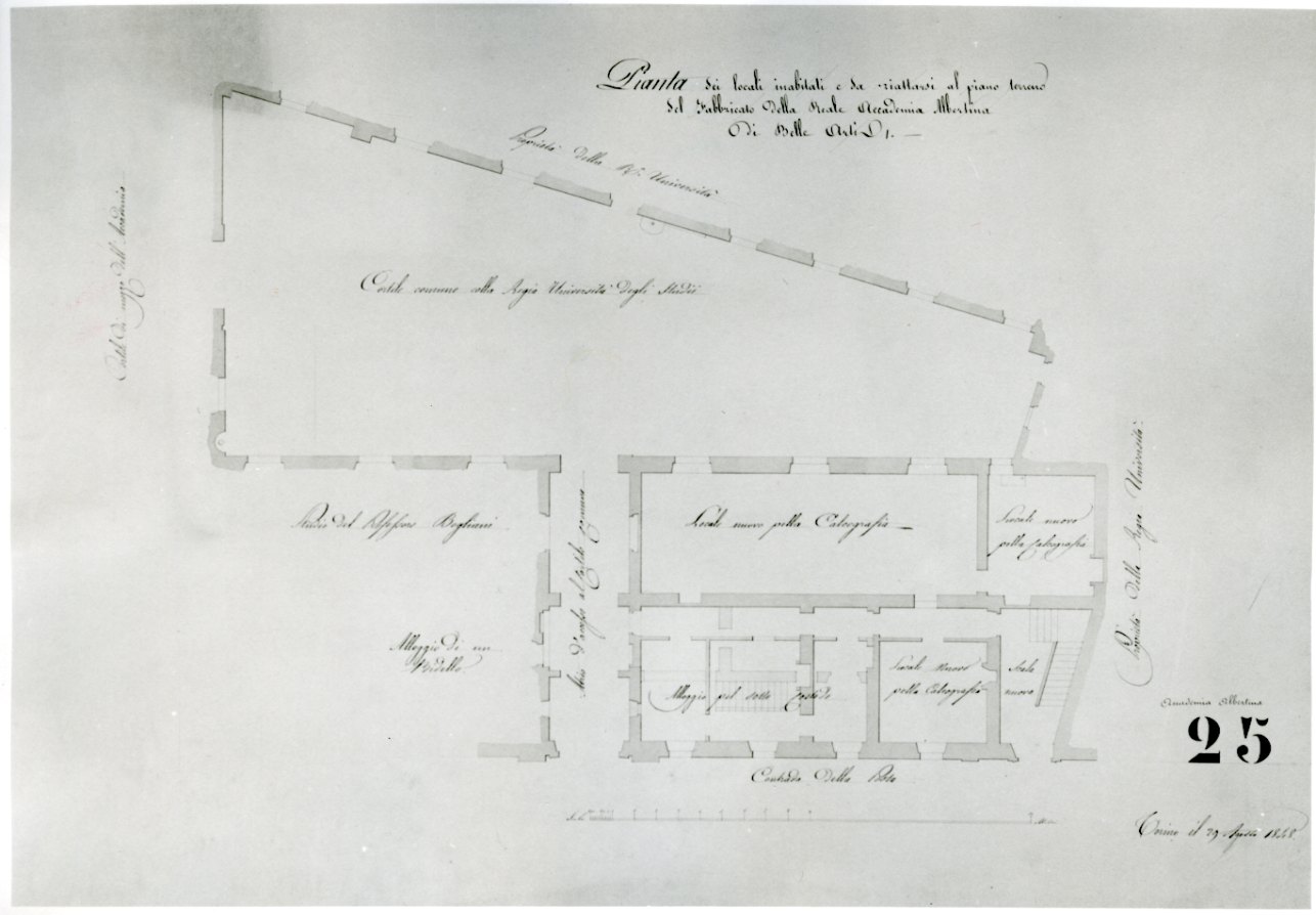 pianta di locali al piano terreno della Accademia Albertina di Belle Arti di Torino (disegno, opera isolata) di Melano Ernest (sec. XIX)