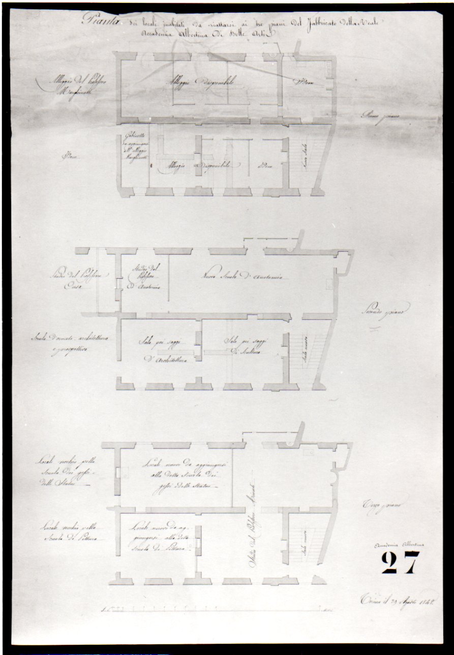 pianta di locali ai diversi piani della Accademia Albertina di Belle Arti di Torino (disegno, opera isolata) di Melano Ernest (metà sec. XIX)