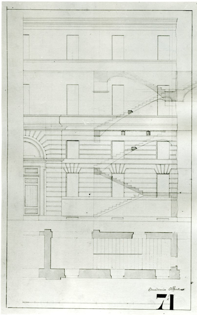 progetto di parte della facciata con la scala interna della Accademia Albertina di Belle Arti di Torino (disegno, opera isolata) - ambito piemontese (metà sec. XIX)