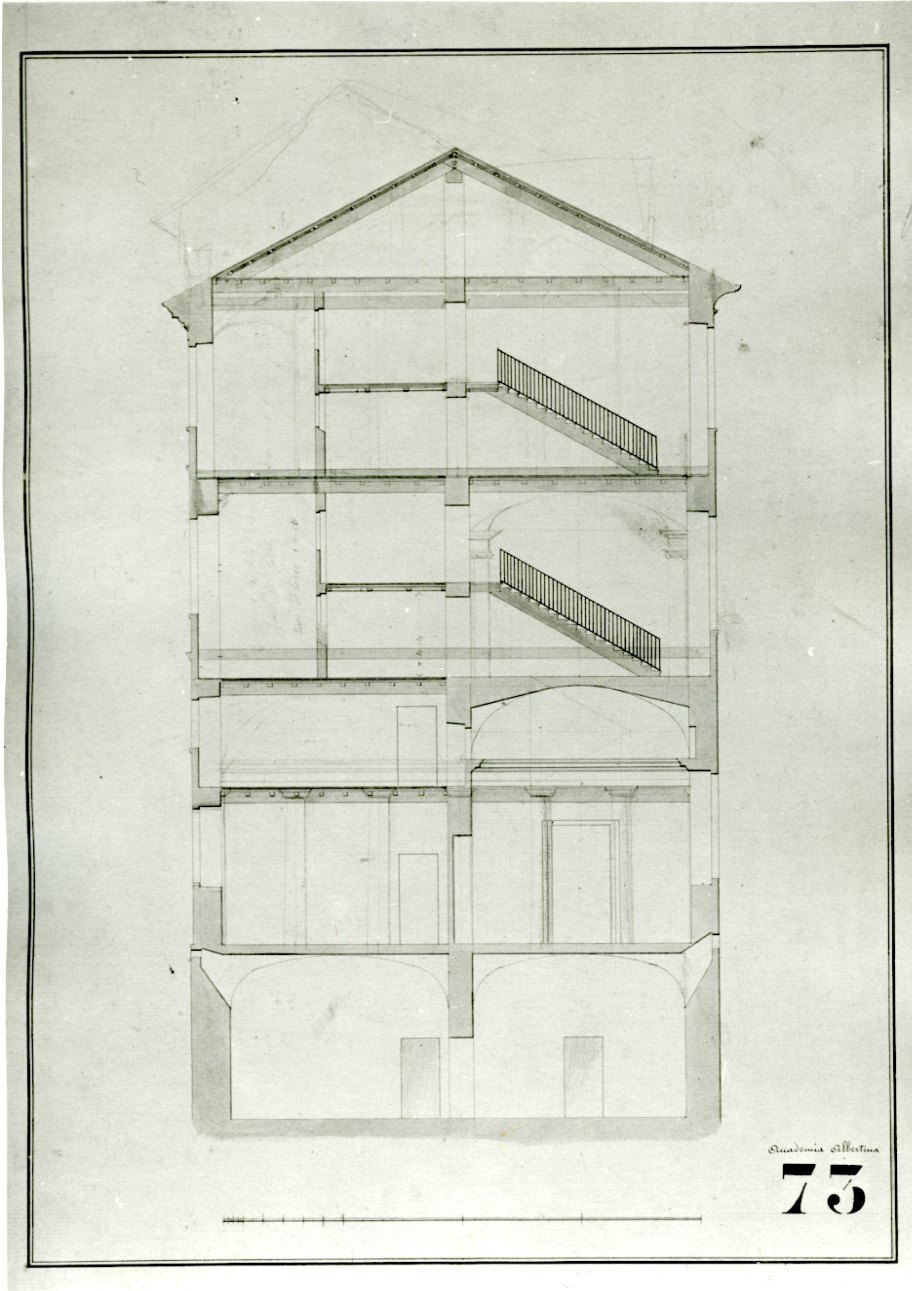 sezione della facciata verso via della Posta della Accademia Albertina di Belle Arti di Torino (disegno, opera isolata) - ambito piemontese (metà sec. XIX)