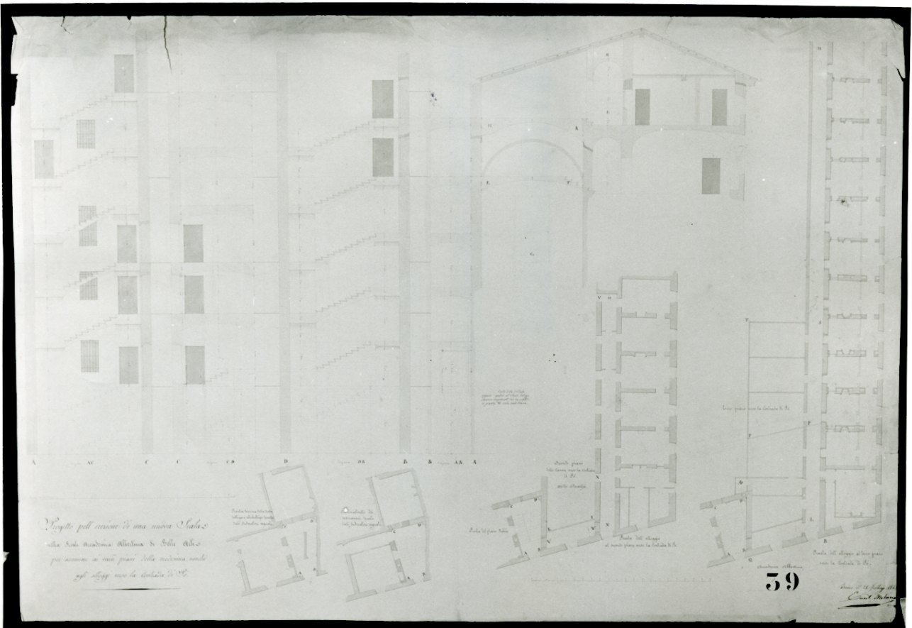 progetto di una nuova scala della Reale Accademia Albertina di Belle Arti di Torino (disegno, opera isolata) di Melano Ernest (metà sec. XIX)