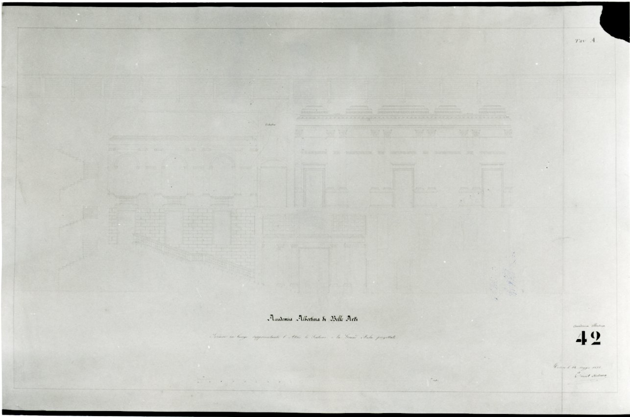 progetto di sezione dell'Atrio, Scalone e Gran Sala della Accademia Albertina di Belle Arti di Torino (disegno, opera isolata) di Melano Ernest (secondo quarto sec. XIX)