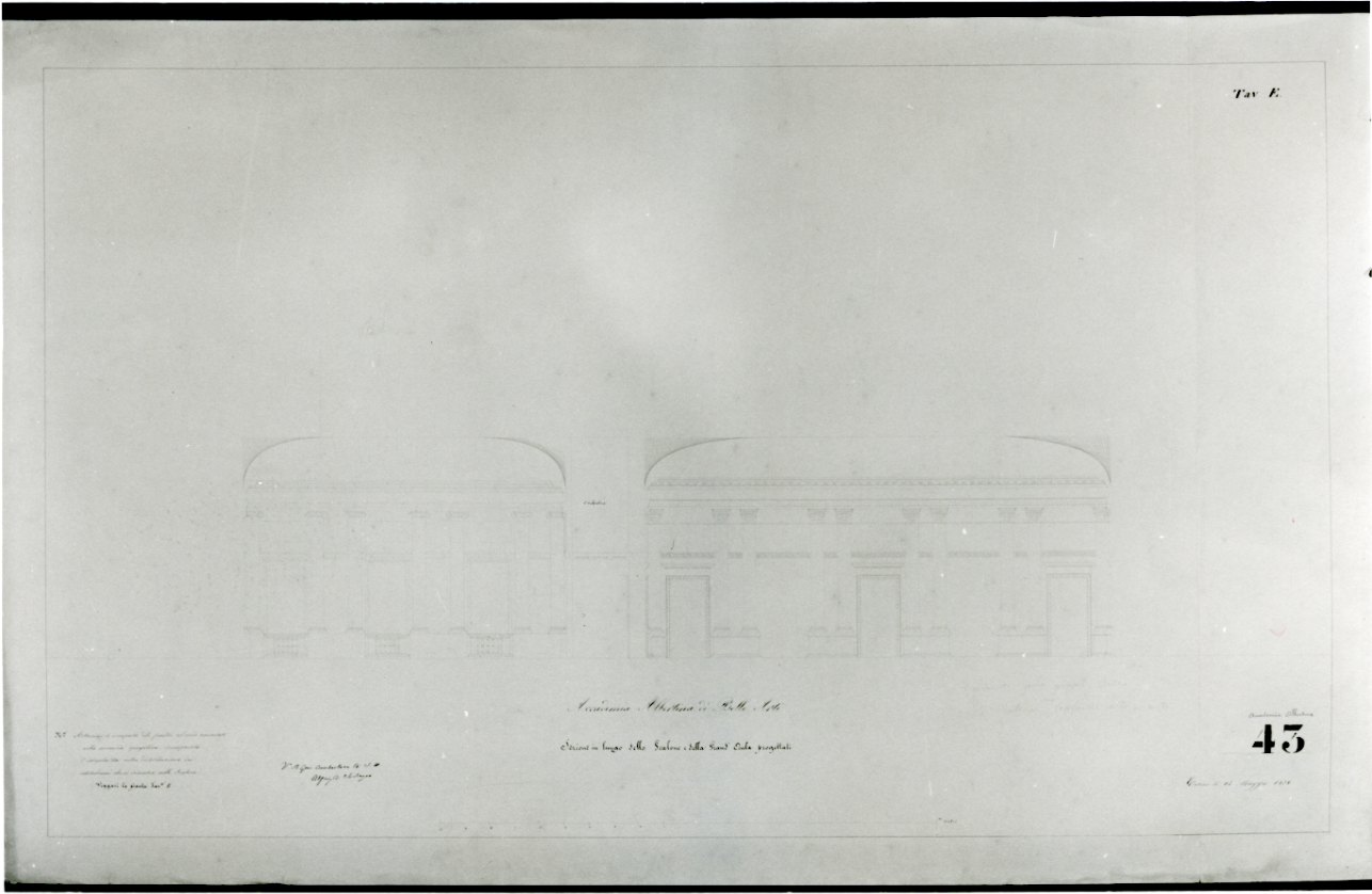 progetto di sezione dello Scalone e della Gran Sala della Accademia Albertina di Belle Arti di Torino (disegno, opera isolata) di Melano Ernest (secondo quarto sec. XIX)