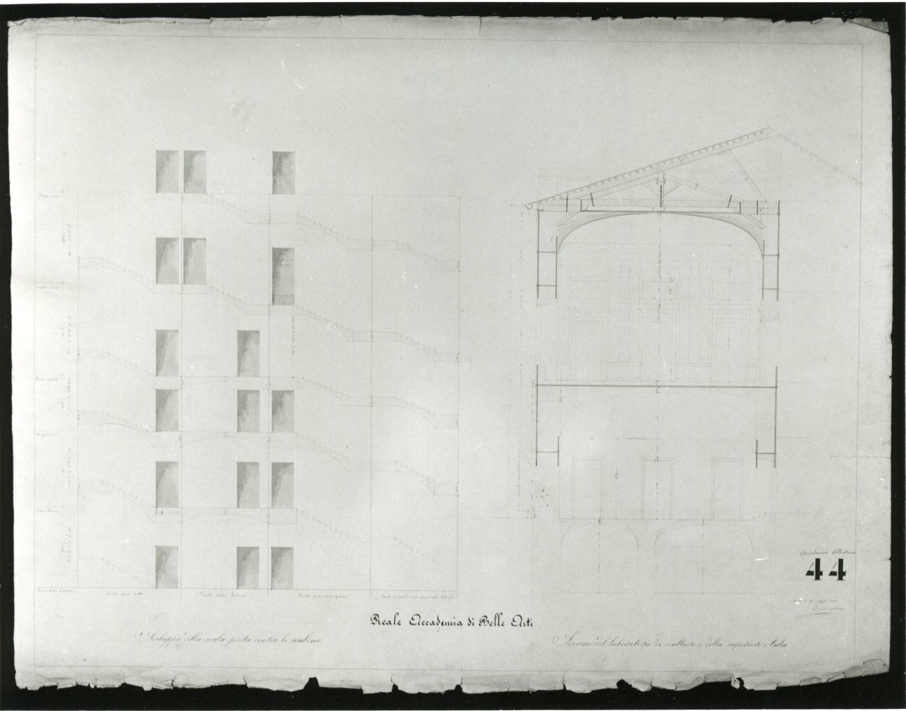 progetto in scala e sezione del Laboratorio di Scultura della Accademia Albertina di Belle Arti di Torino (disegno, opera isolata) di Melano Ernest (sec. XIX)