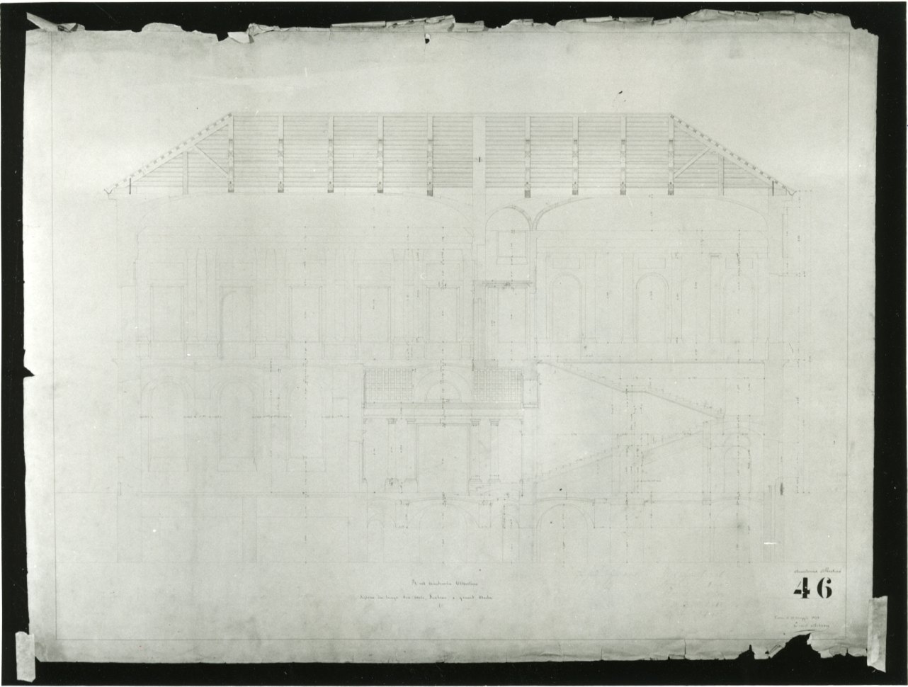 progetto di sezione dello Scalone e della Gran Sala della Accademia Albertina di Belle Arti di Torino (disegno, opera isolata) di Melano Ernest (secondo quarto sec. XIX)