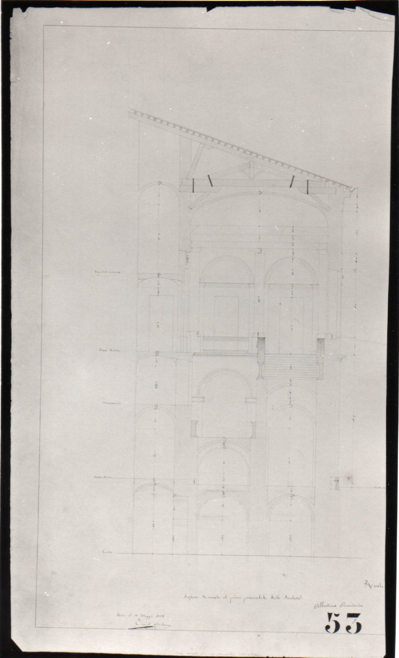 progetto di sezione dello Scalone al primo pianerottolo della Accademia Albertina di Belle Arti di Torino (disegno, opera isolata) di Melano Ernest (secondo quarto sec. XIX)