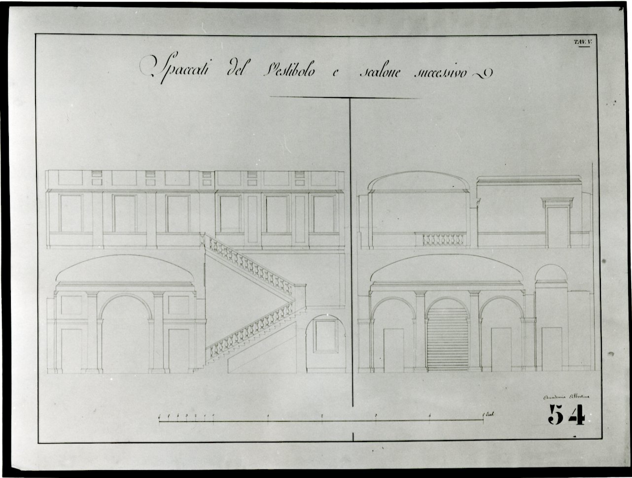 progetto di sezione del vestibolo e di parte dello Scalone della Accademia Albertina di Belle Arti di Torino (disegno, opera isolata) di Mosca Carlo Bernardo (secondo quarto sec. XIX)