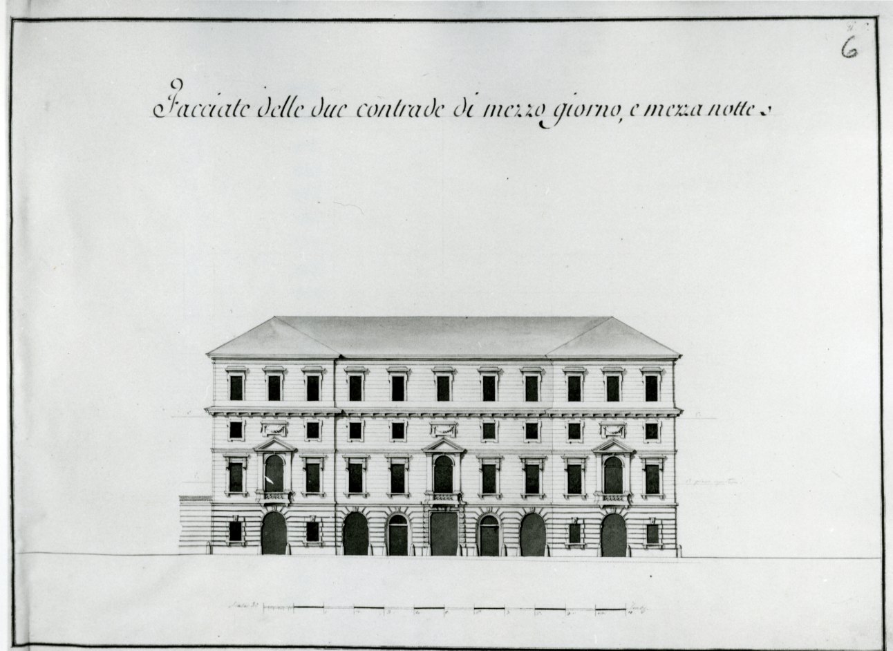 progetto delle facciate verso mezzogiorno e mezzanotte delle scuderie del Principe di Carignano (disegno) di Castelli Filippo (sec. XVIII)