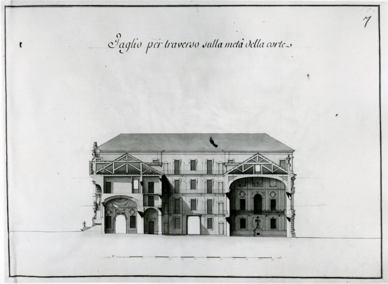 progetto di sezione trasversale del cortile delle scuderie del Principe di Carignano (disegno) di Castelli Filippo (sec. XVIII)