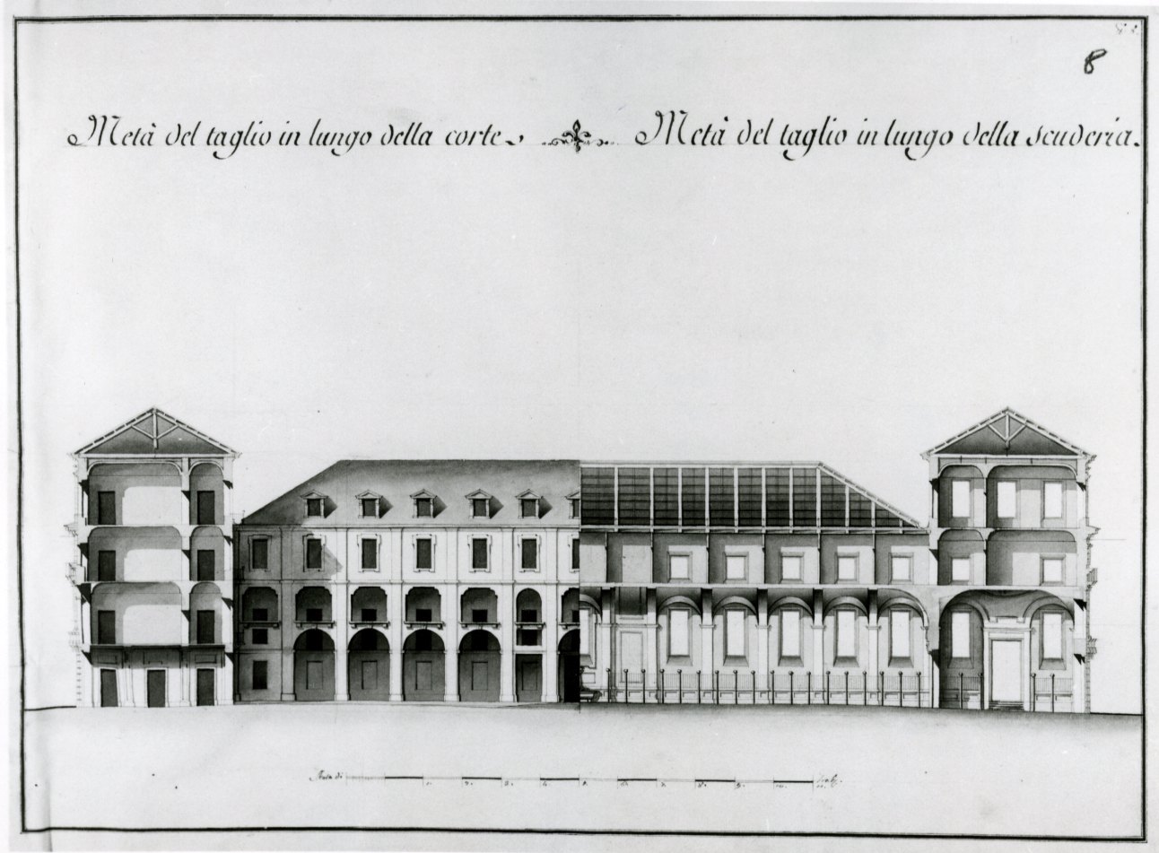 progetto di sezione longitudinale del cortile delle scuderie del Principe di Carignano (disegno) di Castelli Filippo (sec. XVIII)