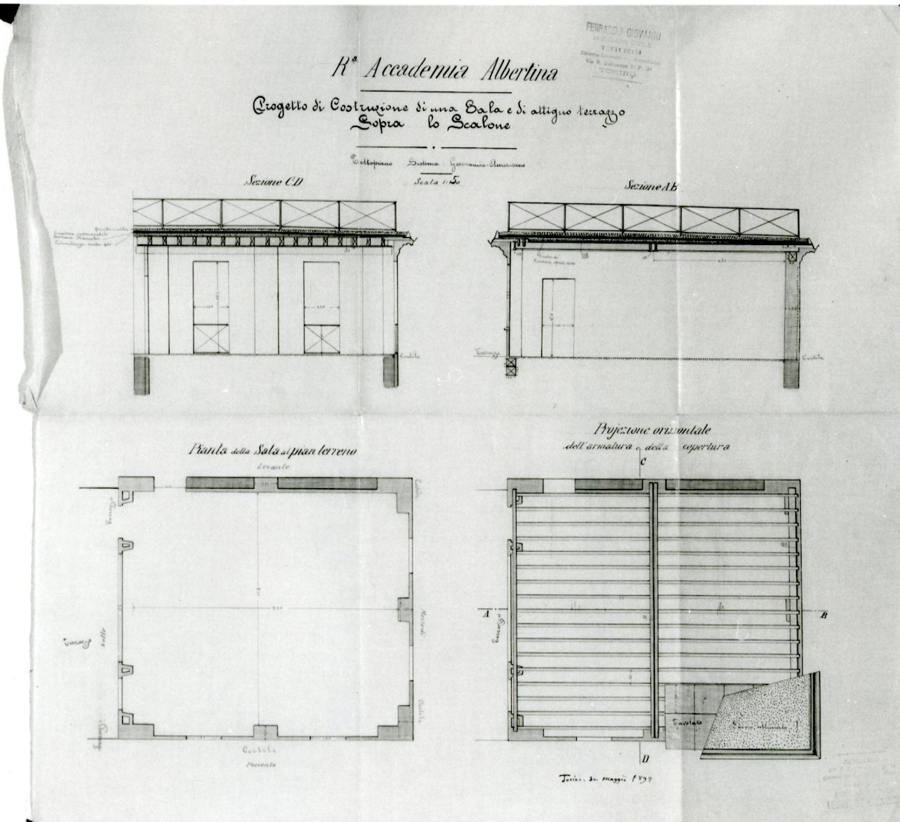 progetto di una sala e dell'attiguo terrazzo della Accademia Albertina di Belle Arti di Torino (disegno, opera isolata) di Ferrando Giovanni (fine sec. XIX)