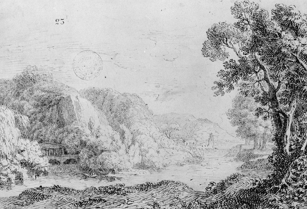 paesaggio fluviale (disegno, opera isolata) - ambito piemontese (prima metà sec. XIX)
