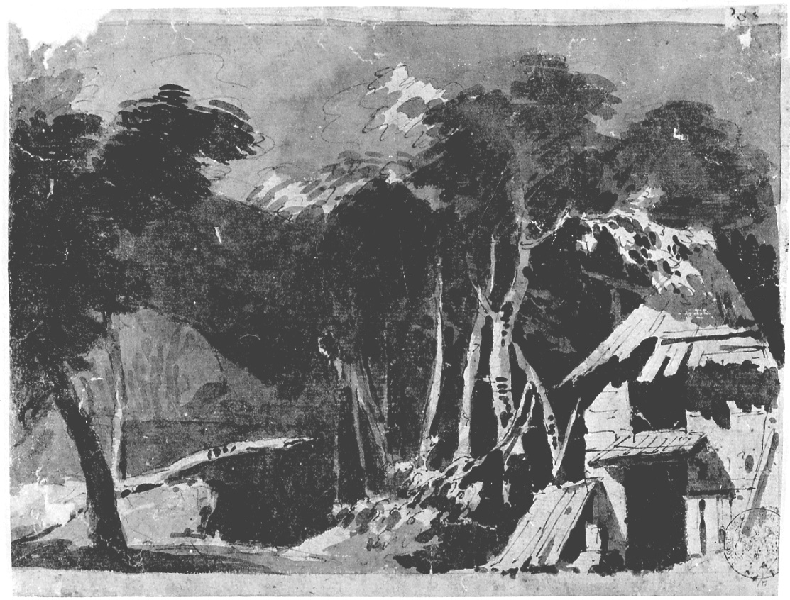 Capanna in paesaggio montuoso, paesaggio montano con capanna (disegno, opera isolata) di Vacca Luigi (prima metà sec. XIX)