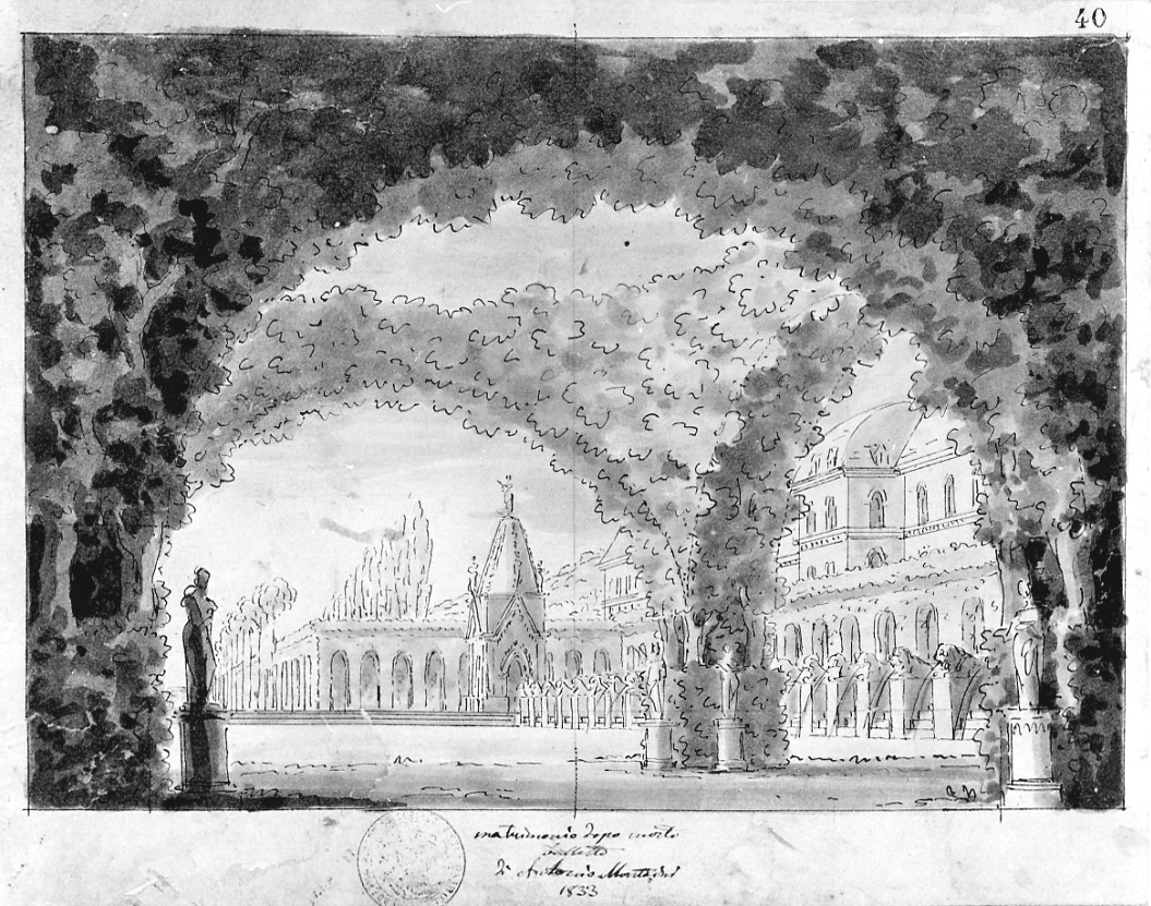 Giardino con vista di palazzo, veduta di facciata di palazzo dal giardino (disegno, opera isolata) di Vacca Luigi (sec. XIX)