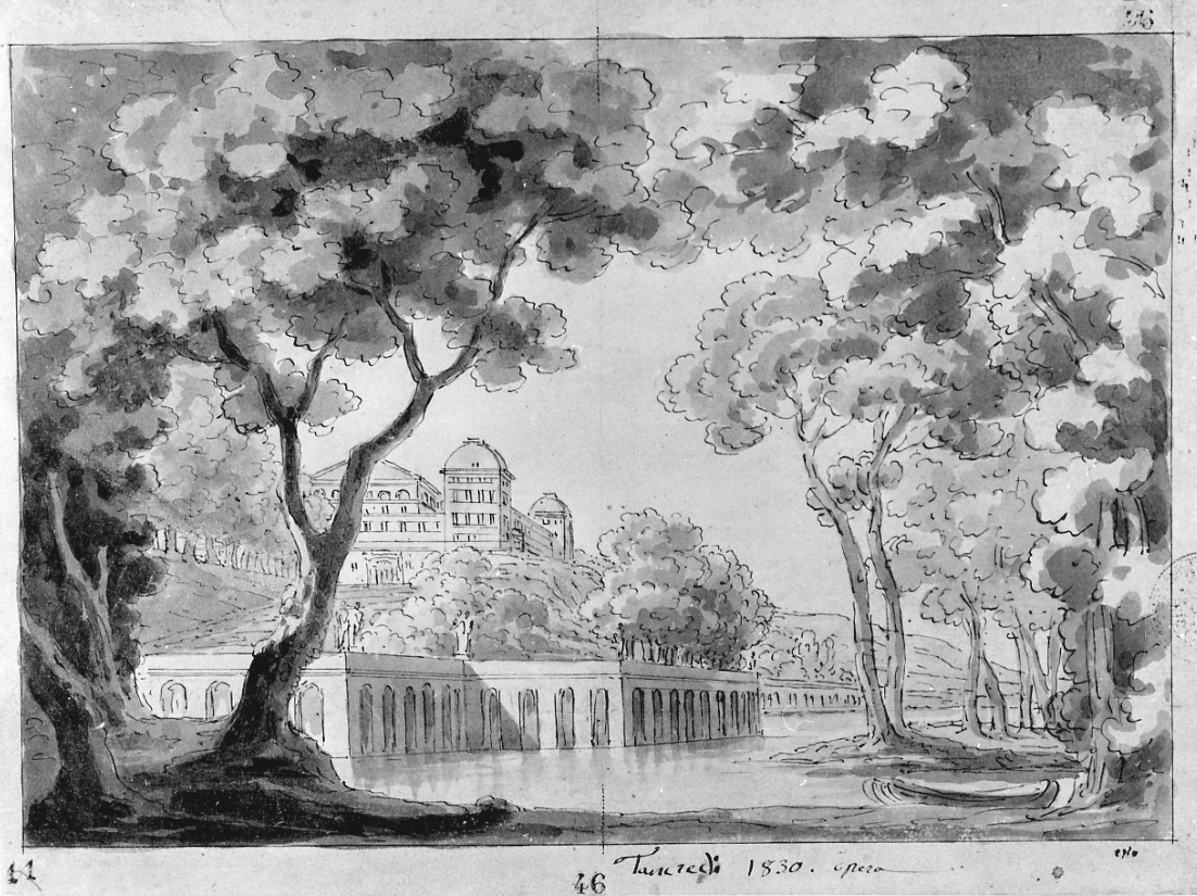 Tancredi / Paesaggio con palazzo in prospetto, paesaggio con lago ed architetture (disegno, opera isolata) di Vacca Luigi (sec. XIX)