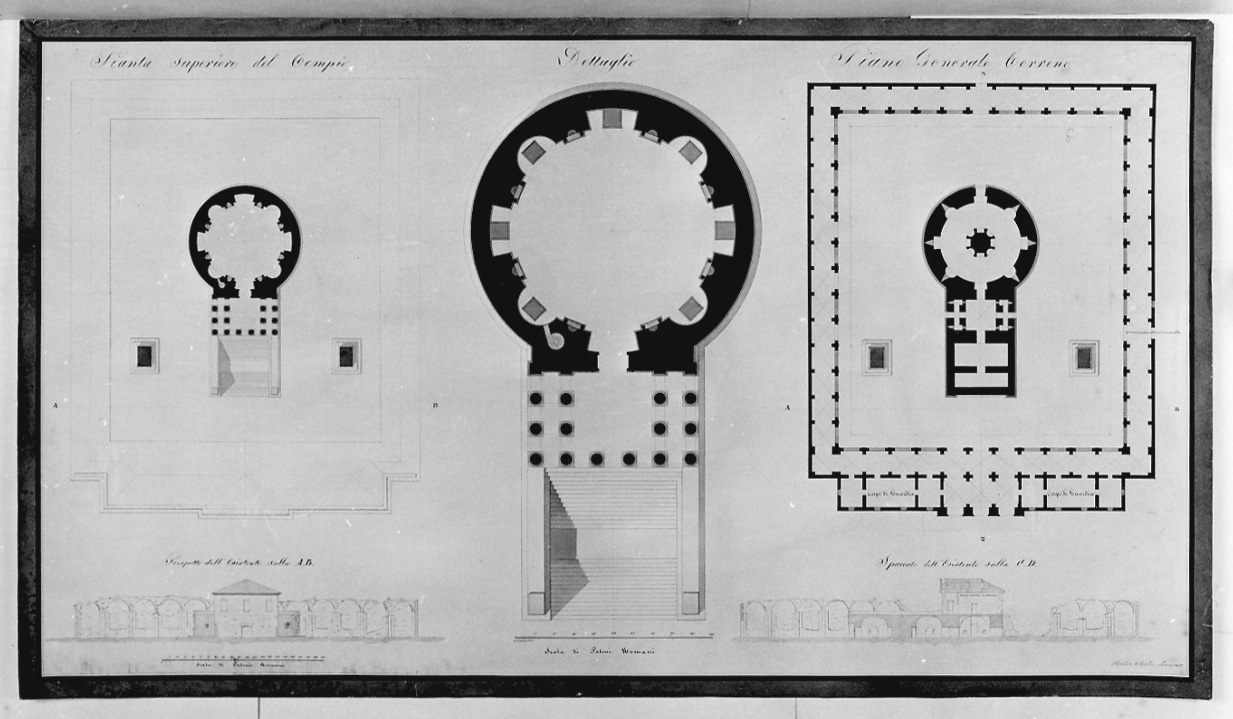 Pianta Superiore del Tempio / Dettagli / Piano Generale Terreno, pianta, prospetto e spaccato del Tempio di Giove Ultore di Roma (disegno, opera isolata) di Antonelli Alessandro (sec. XIX)