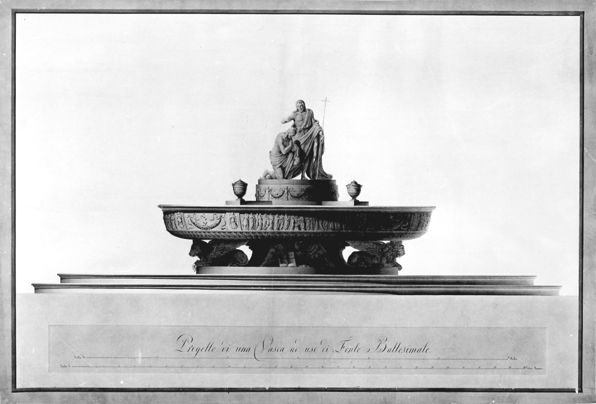 Progetto di una vasca ad uso di Fonte Battesimale, prospetto di fonte battesimale (disegno, opera isolata) di Marchini Angelo (sec. XIX)