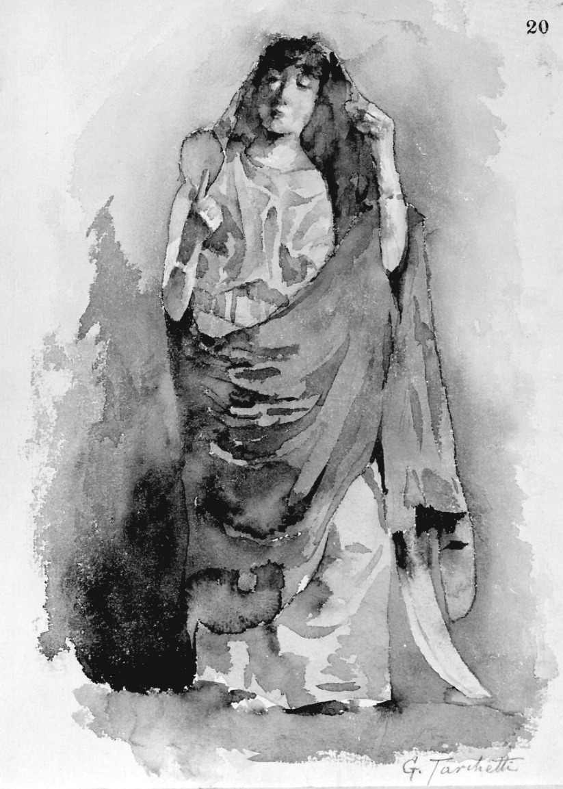 figura femminile in costume storico (disegno, opera isolata) di Tarchetti G (ultimo quarto sec. XIX)