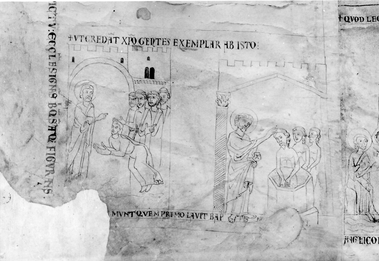 San Pietro battezza il centurione Cornelio (disegno, elemento d'insieme) - ambito vercellese (fine/inizio secc. XII/ XIII)