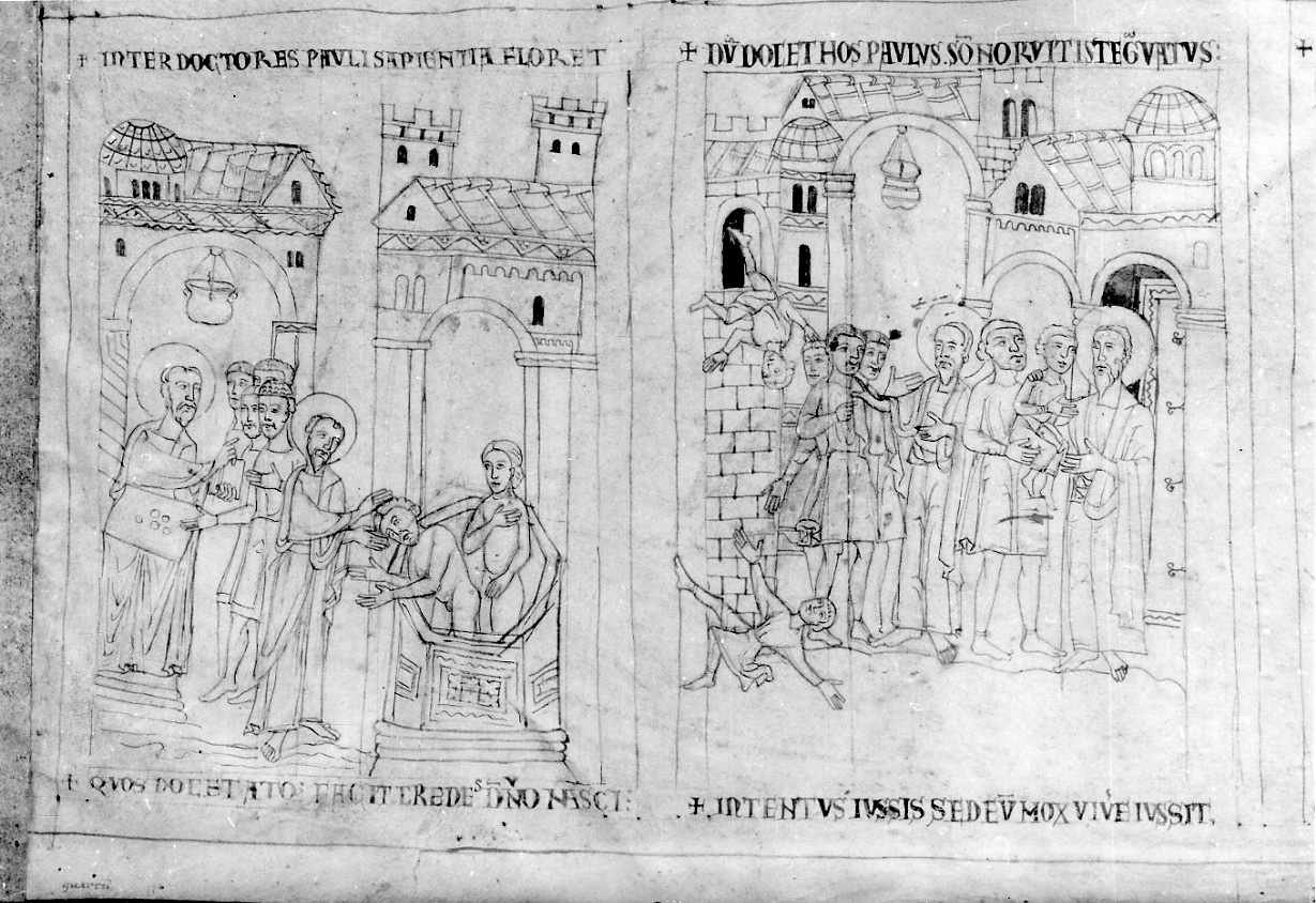 San Paolo resuscita Eutico (disegno, elemento d'insieme) - ambito vercellese (fine/inizio secc. XII/ XIII)