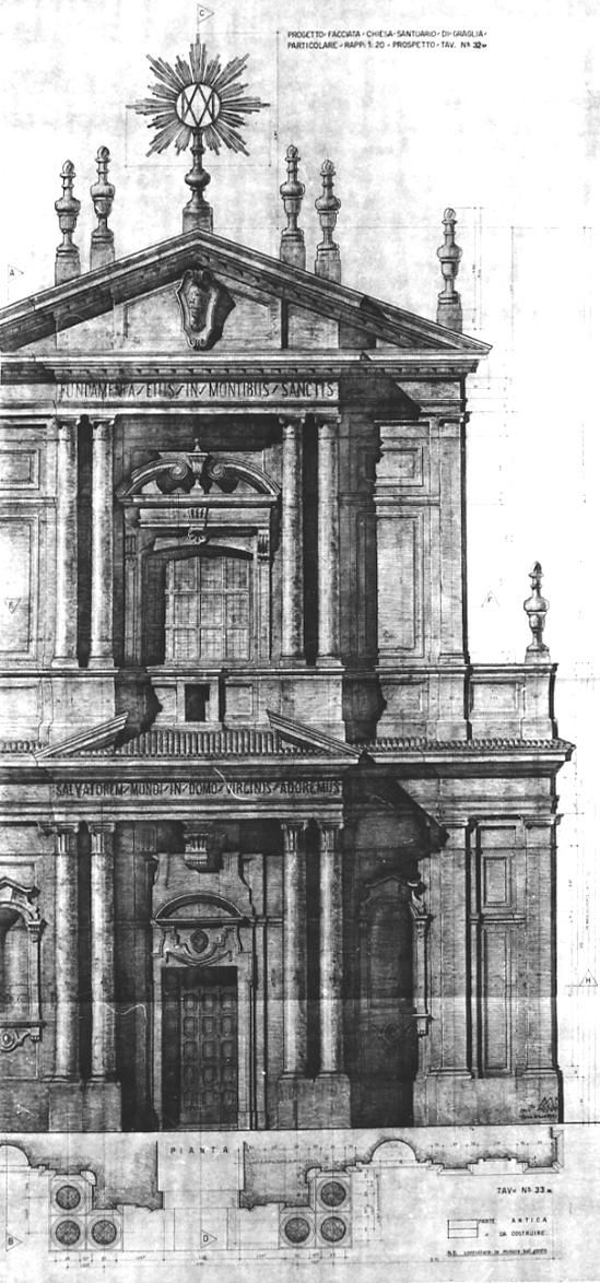 pianta e alzato della facciata della chiesa del Santuario di Graglia (disegno, elemento d'insieme) di Mosso Nicola (prima metà sec. XX)
