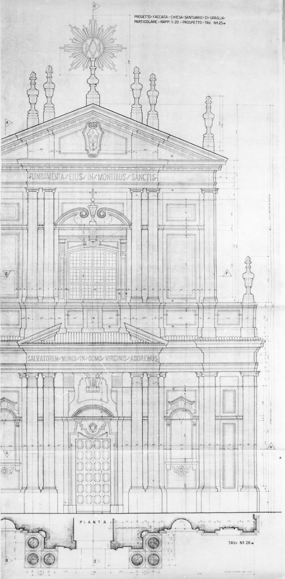 pianta e alzato della facciata della chiesa del Santuario di Graglia (disegno, elemento d'insieme) di Mosso Nicola (prima metà sec. XX)