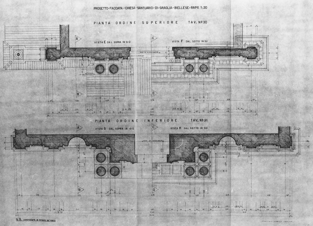 progetto della facciata della chiesa del Santuario di Graglia (disegno, elemento d'insieme) di Mosso Nicola (prima metà sec. XX)