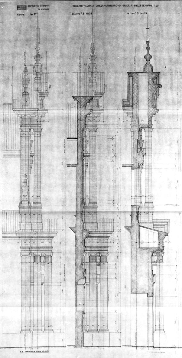 progetto della facciata della chiesa del Santuario di Graglia (disegno, elemento d'insieme) di Mosso Nicola (prima metà sec. XX)