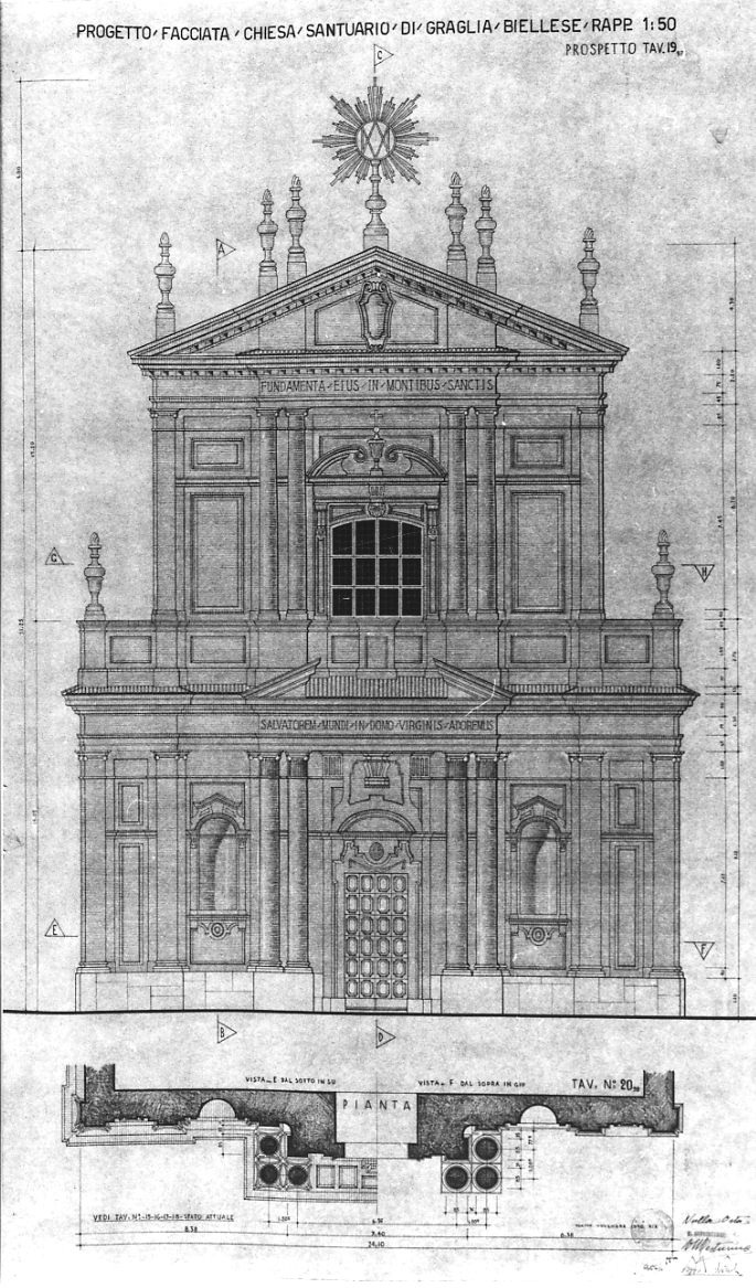 progetto della facciata della chiesa del Santuario di Graglia (disegno, elemento d'insieme) di Mosso Nicola (prima metà sec. XX)