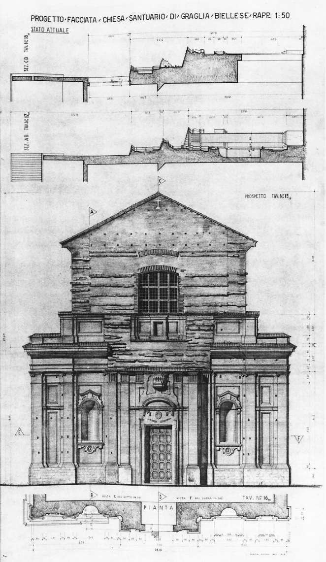 Progetto della facciata della Chiesa Santuario di Graglia Biellese stato attuale, progetto della facciata della chiesa del Santuario di Graglia (disegno, elemento d'insieme) di Mosso Nicola (prima metà sec. XX)