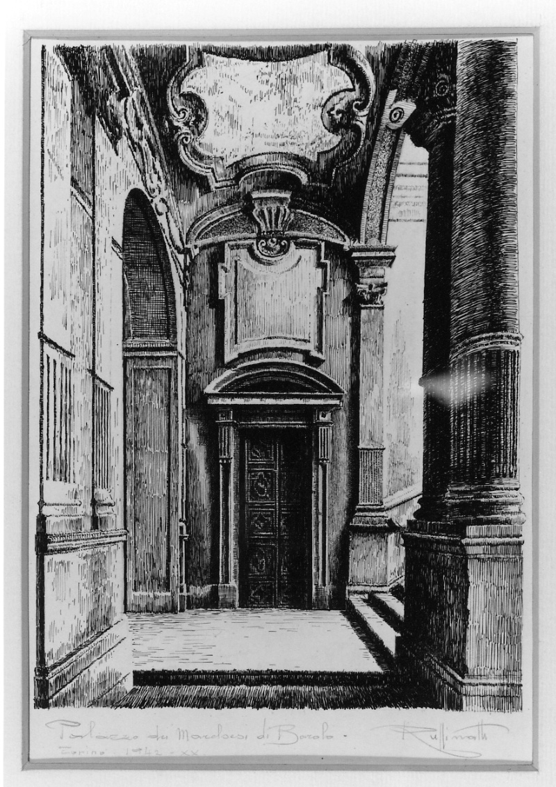 Palazzo dei marchesi di Barolo, veduta dello scalone di Palazzo Barolo a Torino (disegno, opera isolata) di Ruffinatti Luigi (secondo quarto sec. XX)