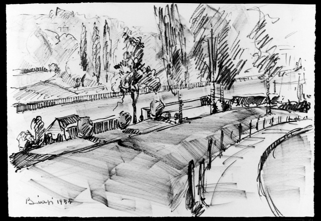 Parco, paesaggio fluviale (disegno, opera isolata) di Biasi Biagio (metà sec. XX)