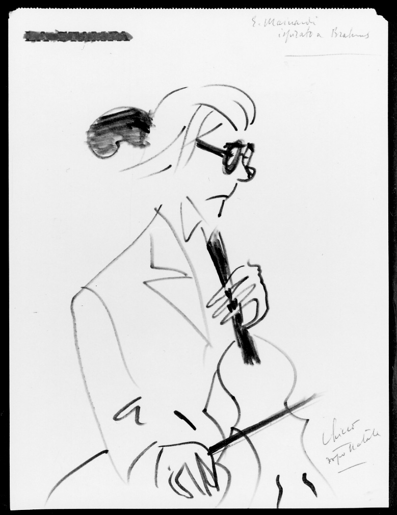 Il violoncellista Mainardi ispirato a Brahams, ritratto del violoncellista Mainardi (disegno, opera isolata) di Chicco Riccardo (metà sec. XX)