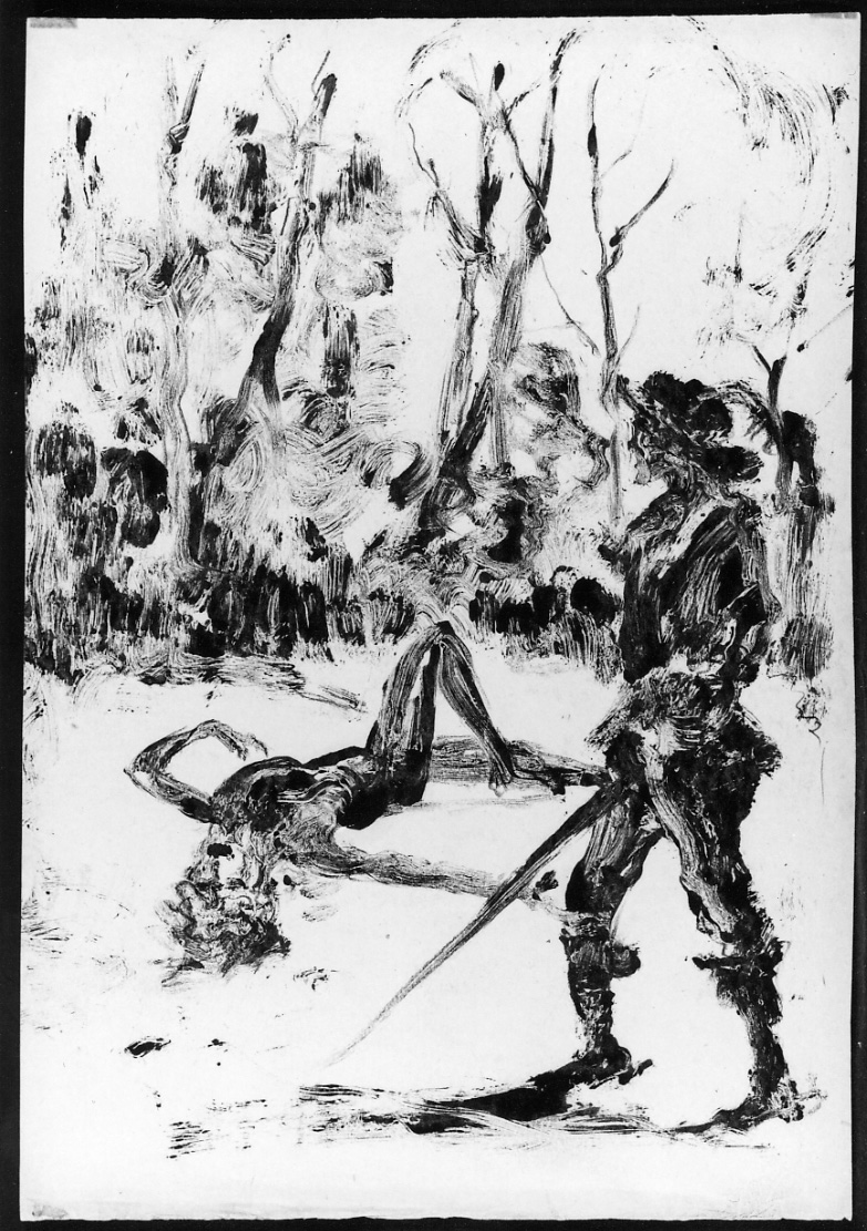 Illustrazione, figura femminile seduta e cavaliere (disegno, opera isolata) di Gariazzo Pier Antonio (metà sec. XX)
