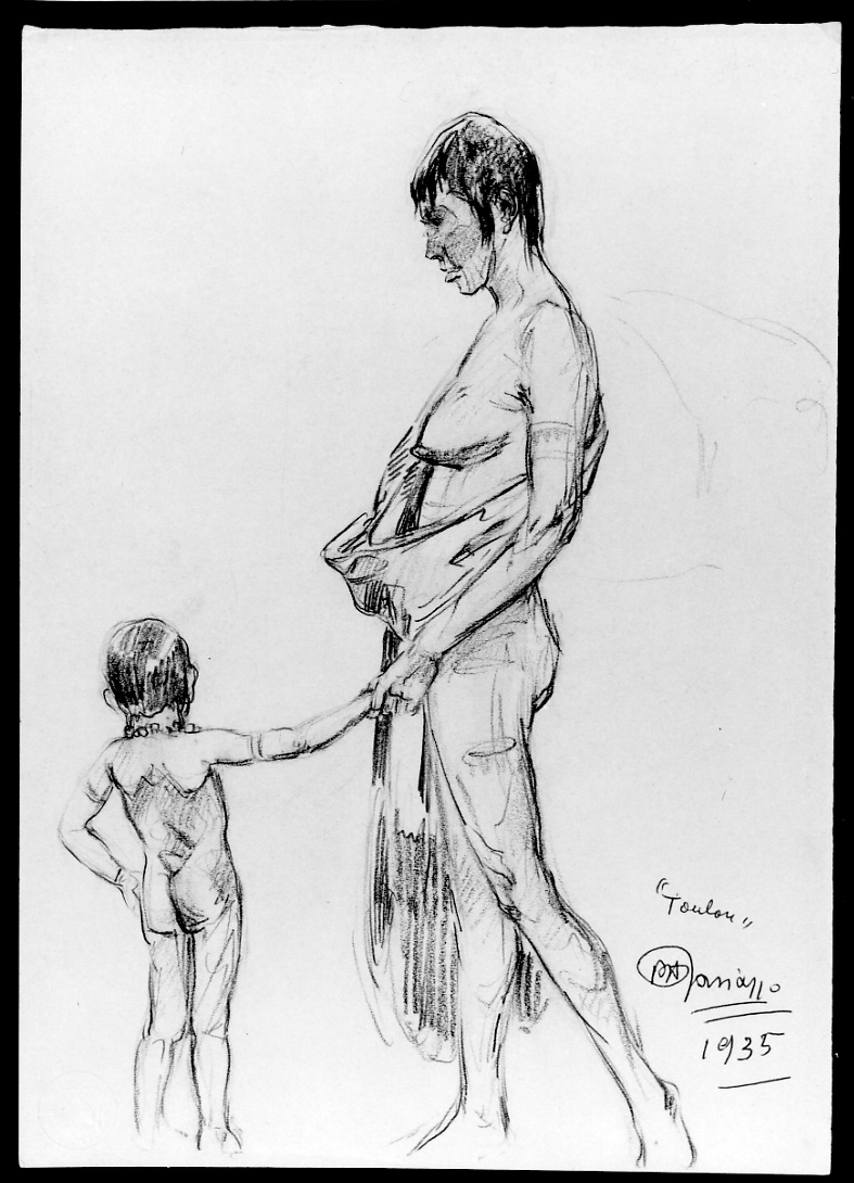 Toulou, donna aborigena con bambino (disegno, opera isolata) di Gariazzo Pier Antonio (secondo quarto sec. XX)