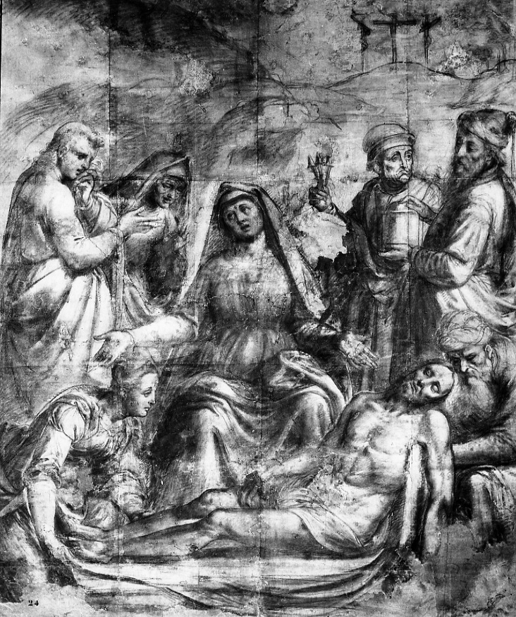 compianto sul Cristo morto (disegno, opera isolata) di Giovenone Giuseppe il Giovane (seconda metà sec. XVI)